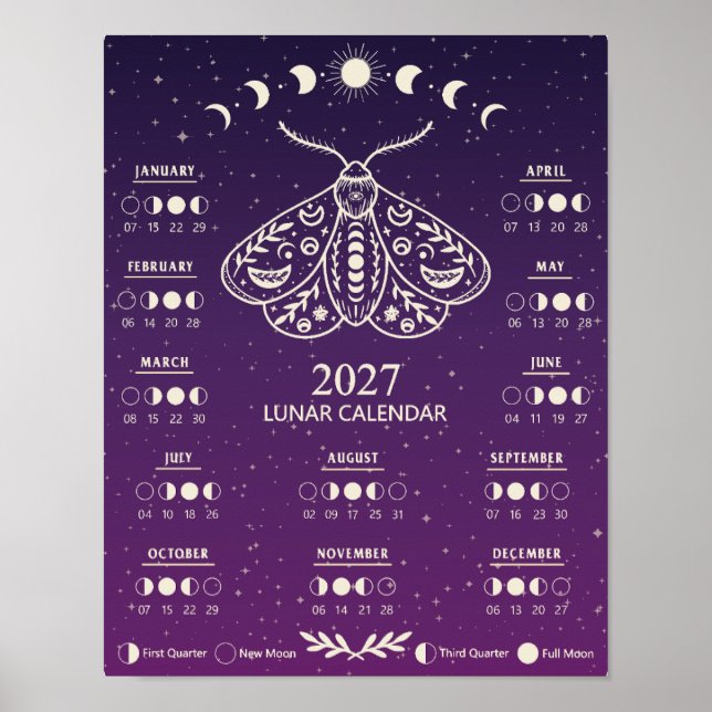 2027 Witchcraft Moth Celestial Lunar Moon Calendar Poster (Vorne)