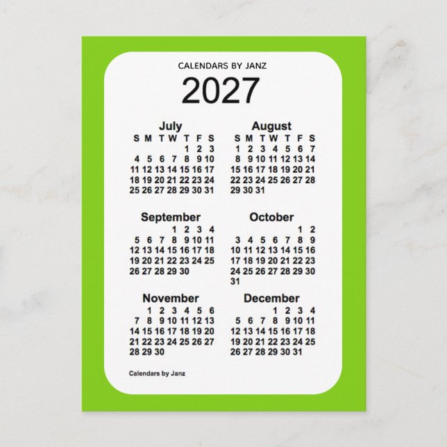 2027 Yellow Green 6 Month Mini Calendar von Janz Postkarte (Vorderseite)