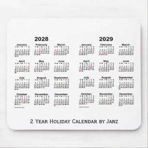 2028-2029 weißer 2-jähriger Feiertags-Kalender Mousepad