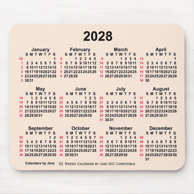 2028 Antikes Weiß 52 Wochen ISO Kalender von Janz Mousepad (Vorne)