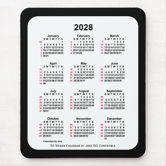 2028 Black 52 Weeks ISO Kalender von Janz Two Tone Mousepad (Vorne)