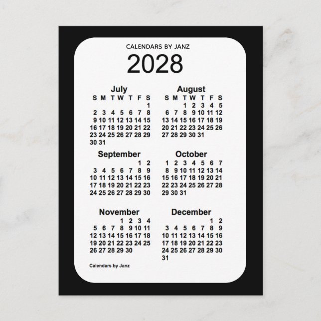 2028 Black 6 Month Mini Kalender von Janz Postkarte (Vorderseite)
