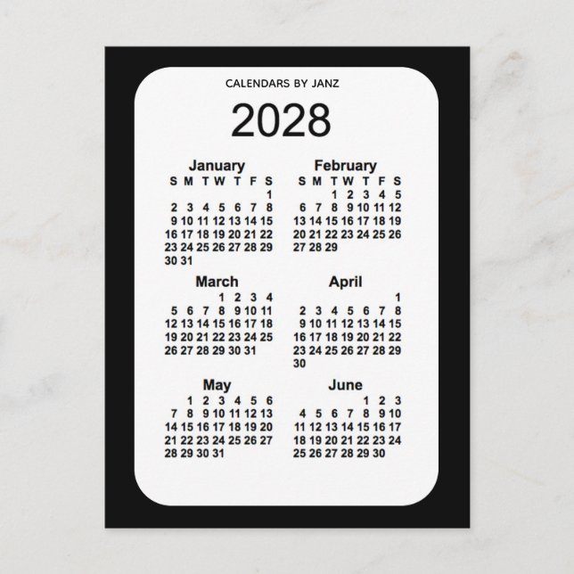 2028 Black 6 Month Mini Kalender von Janz Postkarte (Vorderseite)