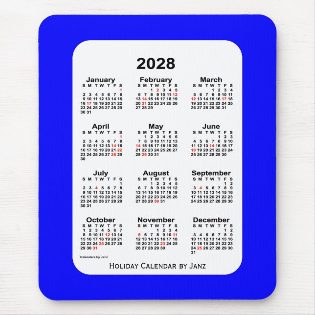 2028 Blue Two Tone Holiday Calendar von Janz Mousepad (Vorne)