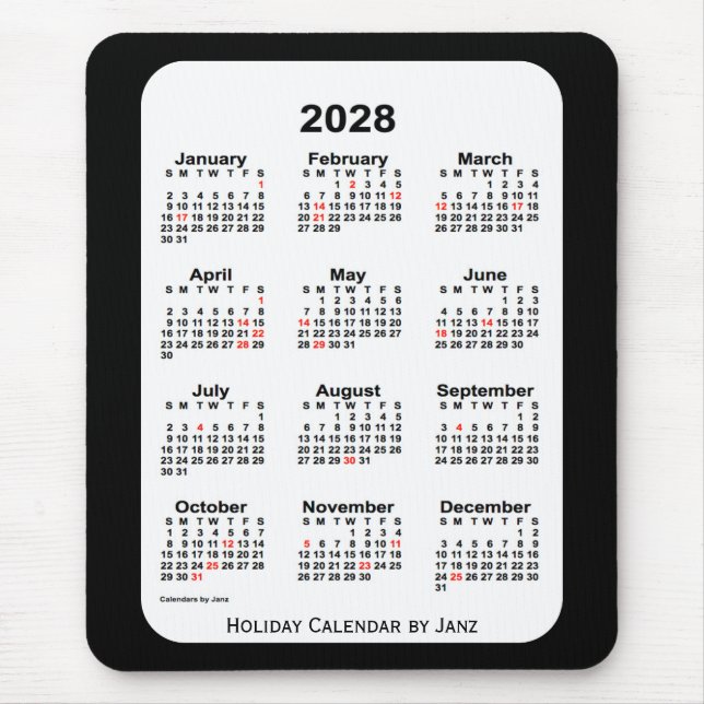 2028 Holiday Two Tone Black Calendar von Janz Mousepad (Vorne)