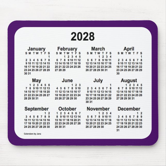 2028 Lila und weißer Kalender von Janz Two Tone Mousepad (Vorne)