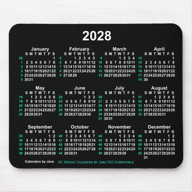 2028 Neon White 52 Weeks ISO Calendar by Janz Mousepad (Vorne)