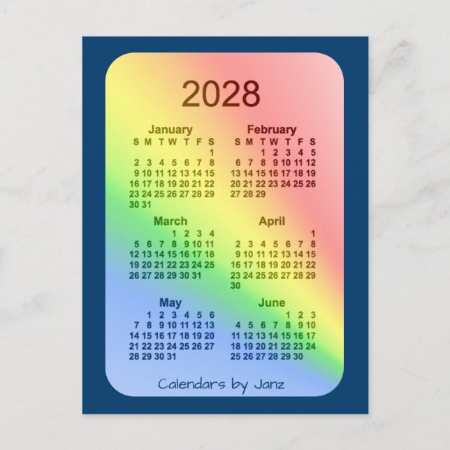 2028 Rainbow Blue 6 Month Mini Calendar by Janz Postkarte (Vorderseite)