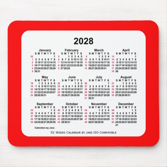 2028 Red 52 Weeks ISO Kalender von Janz Two Tone Mousepad (Vorne)