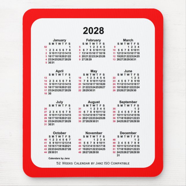 2028 Red 52 Weeks ISO Kalender von Janz Two Tone Mousepad (Vorne)