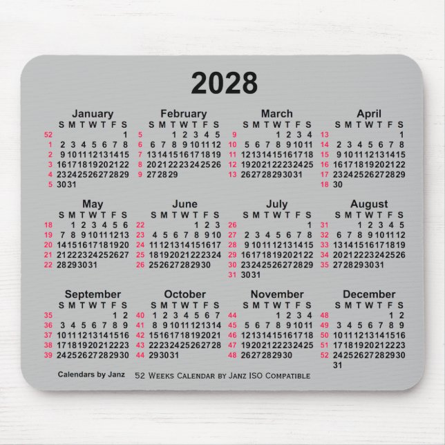 2028 Silver 52 Weeks ISO Calendar by Janz Mousepad (Vorne)