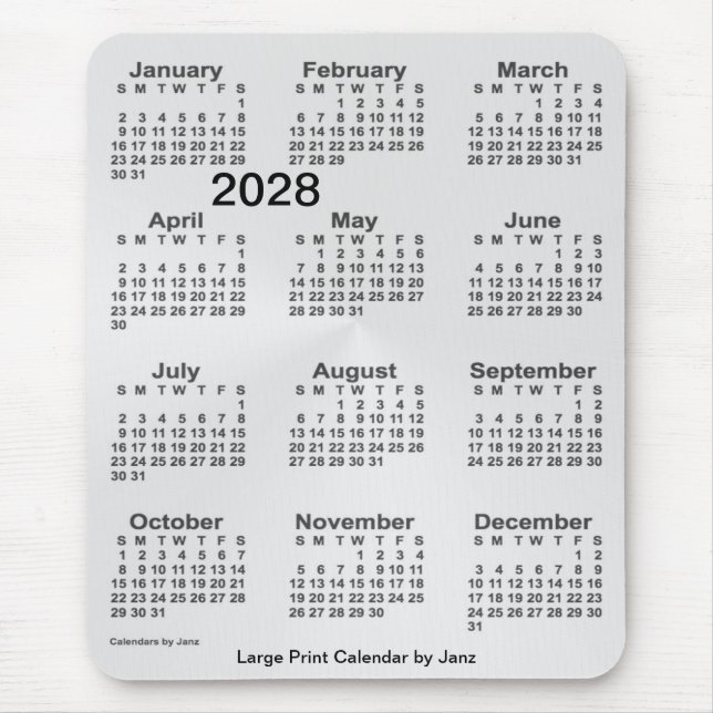 2028 Silver Large Print Calendar von Janz Mousepad (Vorne)