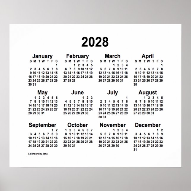 2028 Weißer Kalender von Janz Print Poster (Vorne)