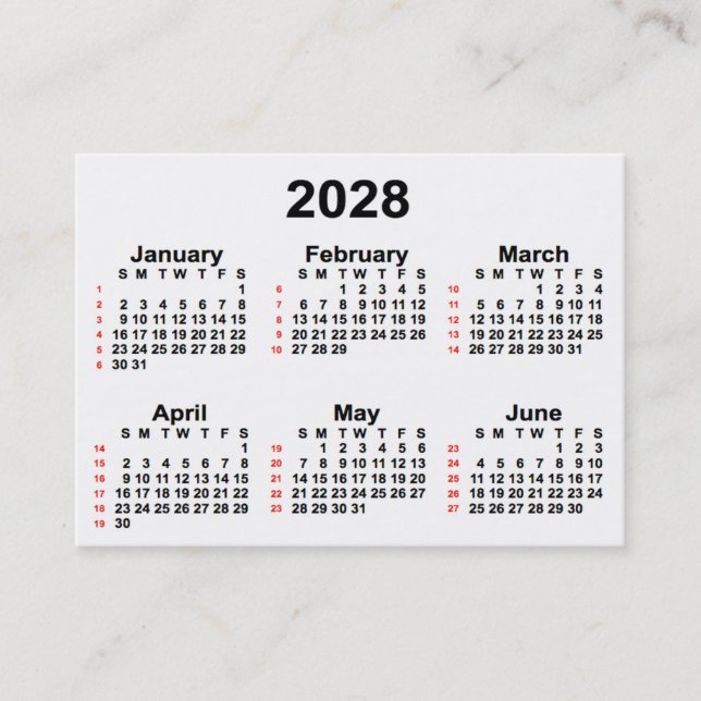 2028 White 52 Week Calendar by Janz Business Cards Visitenkarte (Vorderseite)
