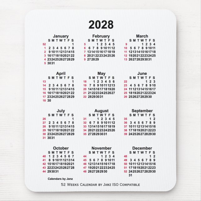 2028 White 52 Weeks ISO Calendar by Janz Mousepad (Vorne)