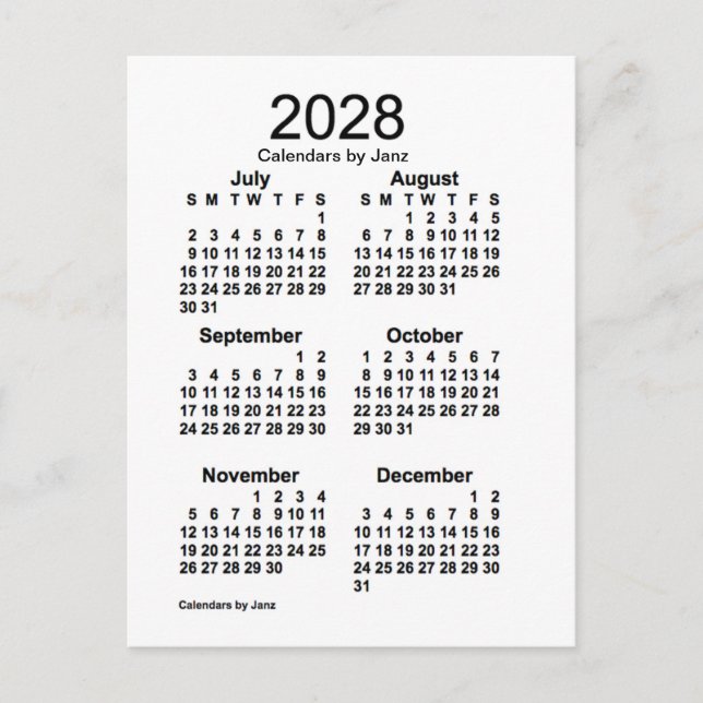 2028 White 6 Month Mini Kalender von Janz Postkarte (Vorderseite)