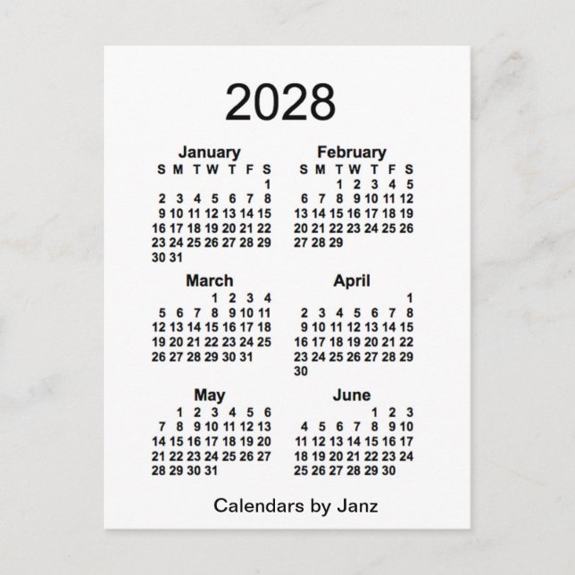 2028 White 6 Month Mini Kalender von Janz Postkarte (Vorderseite)