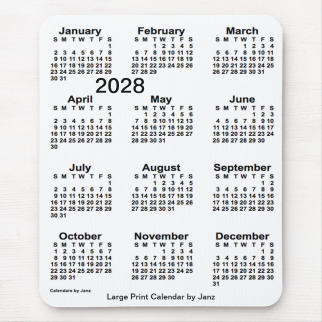 2028 White Large Print Calendar von Janz Mousepad (Vorne)