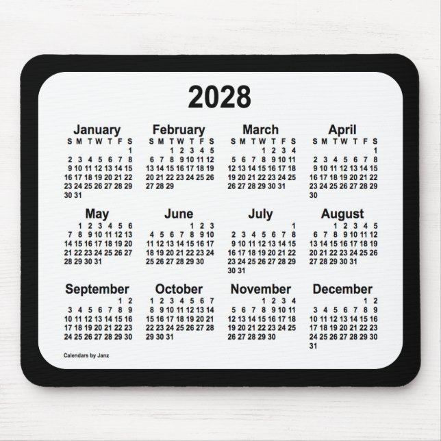 2028 White on Black Calendar by Janz Two Mousepad (Vorne)