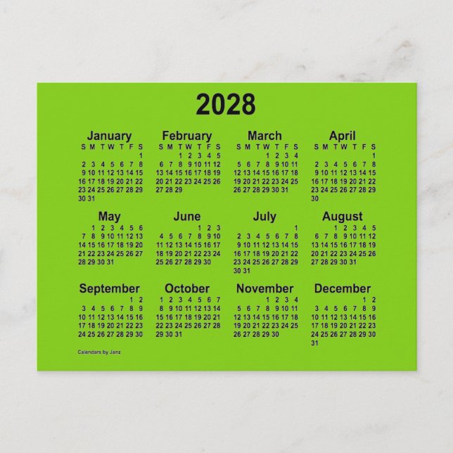 2028 Yellow Green Mini Calendar von Janz Postkarte (Vorderseite)