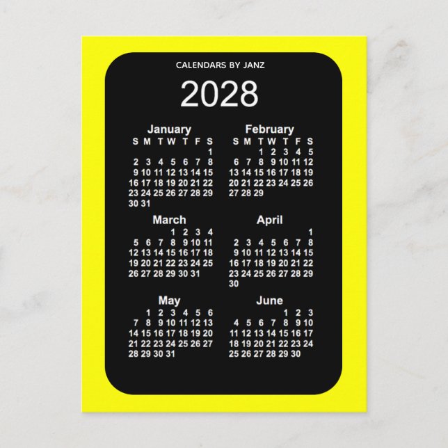 2028 Yellow Neon 6 Month Mini Calendar by Janz Postkarte (Vorderseite)