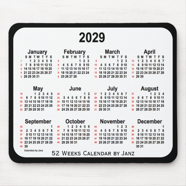 2029 Black Two Tone 52 Weeks Calendar von Janz Mousepad (Vorne)
