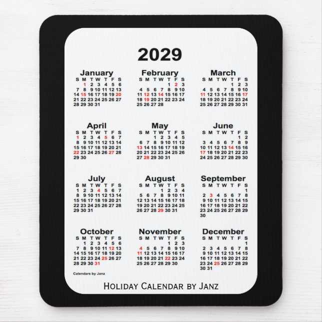 2029 Holiday Two Tone Black Calendar von Janz Mousepad (Vorne)