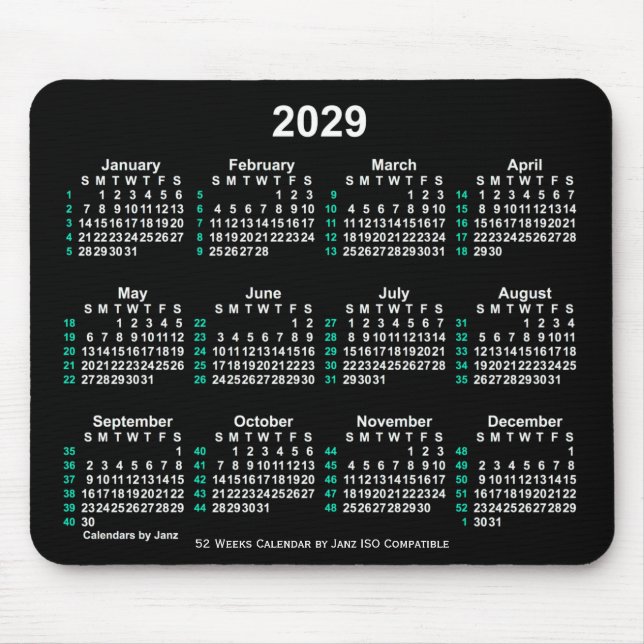 2029 Neon White 52 Weeks ISO Kalender von Janz Mousepad (Vorne)