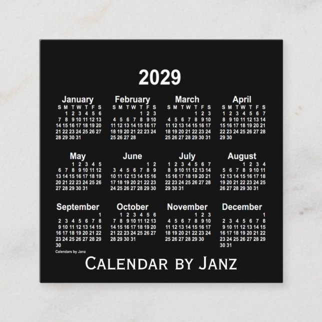 2029 Neon White Calendar von Janz Quadratische Visitenkarte (Vorderseite)