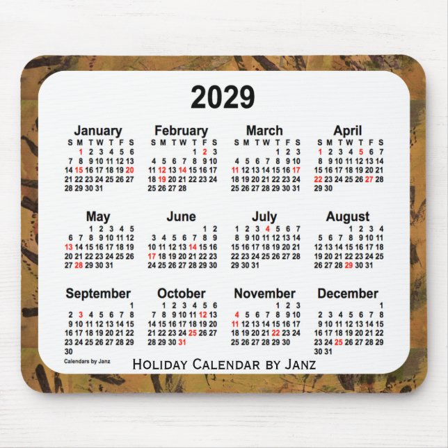 2029 Orange Holiday Art Calendar von Janz Mouse Pa Mousepad (Vorne)