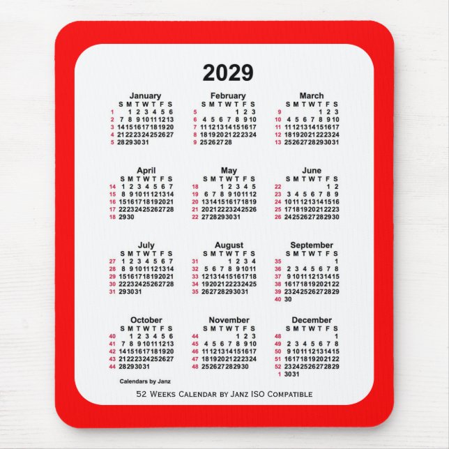 2029 Red 52 Weeks ISO Kalender von Janz Two Tone Mousepad (Vorne)