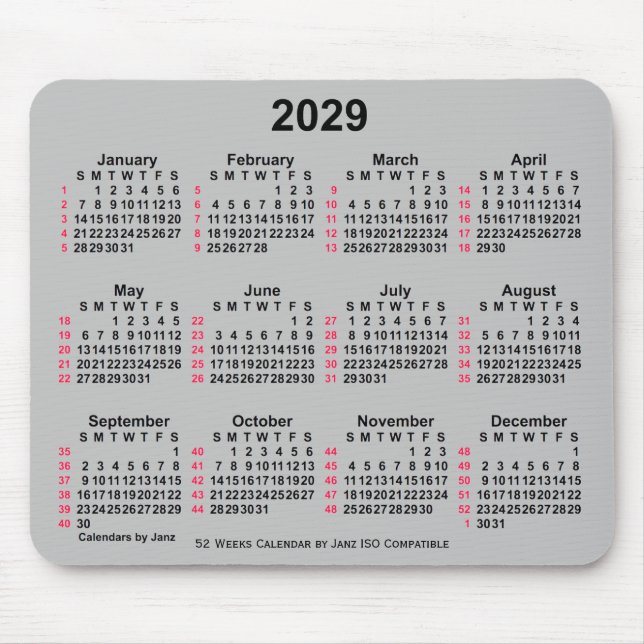2029 Silver 52 Weeks ISO Calendar by Janz Mousepad (Vorne)