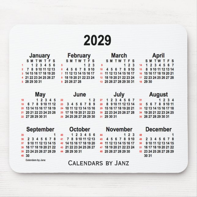 2029 Weißer 52-Wochen-Kalender von Janz Mousepad (Vorne)