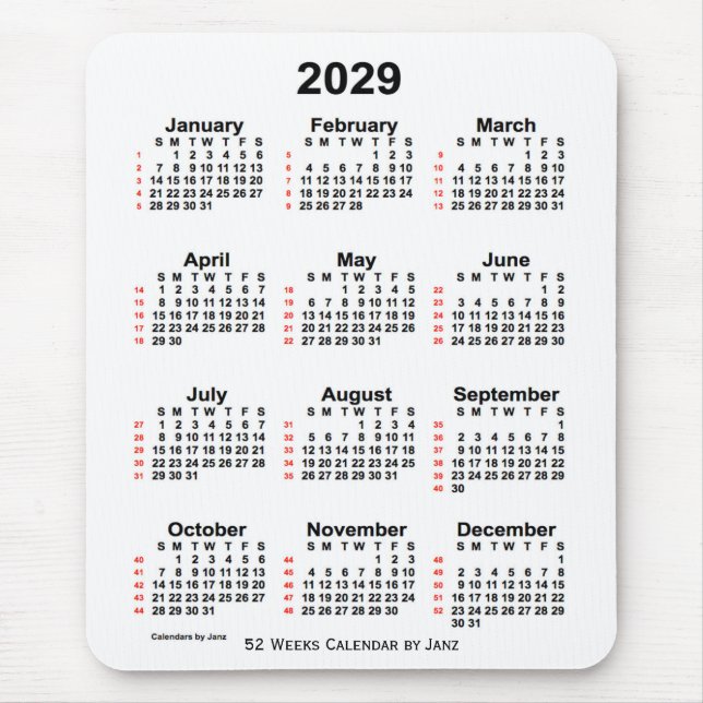 2029 White 52 Week Calendar by Janz Mousepad (Vorne)