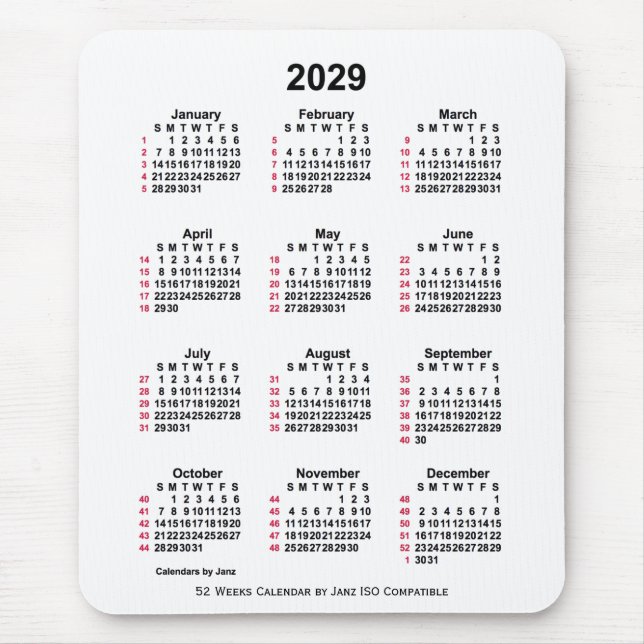 2029 White 52 Weeks ISO Calendar by Janz Mousepad (Vorne)