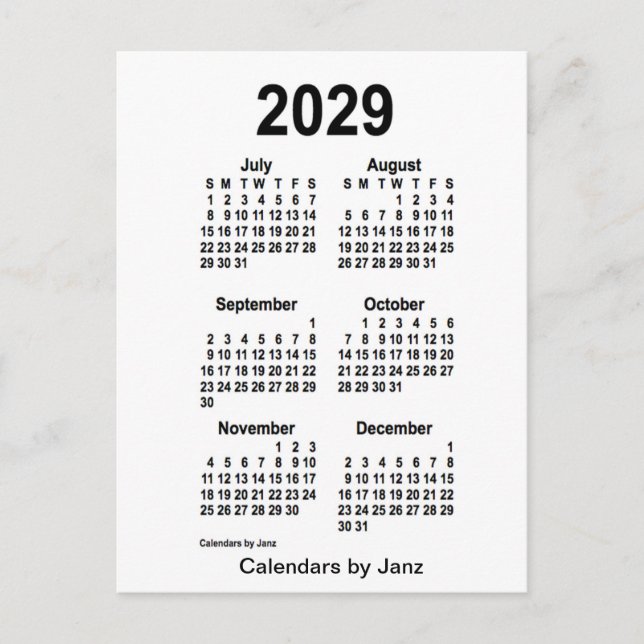 2029 White 6 Month Mini Kalender von Janz Postkarte (Vorderseite)