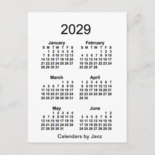 2029 White 6 Month Mini Kalender von Janz Postkarte (Vorderseite)