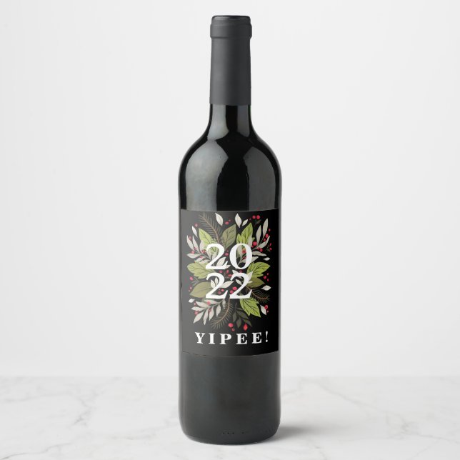 202 YIPPEE (schwarz) Elegant & Funny New Year Wine Weinetikett (Vorderseite)