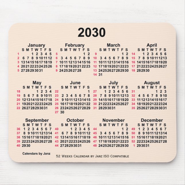 2030 Antik White 52 Weeks ISO Kalender von Janz Mousepad (Vorne)