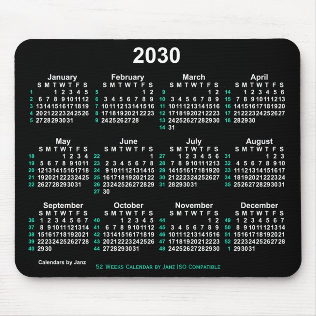 2030 Neon White 52 Weeks ISO Calendar by Janz Mousepad (Vorne)