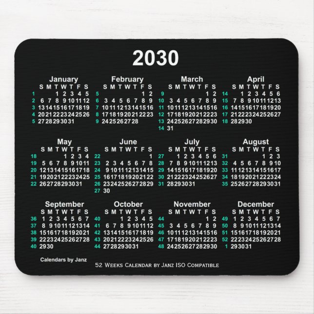 2030 Neon White 52 Weeks ISO Calendar by Janz Mousepad (Vorne)