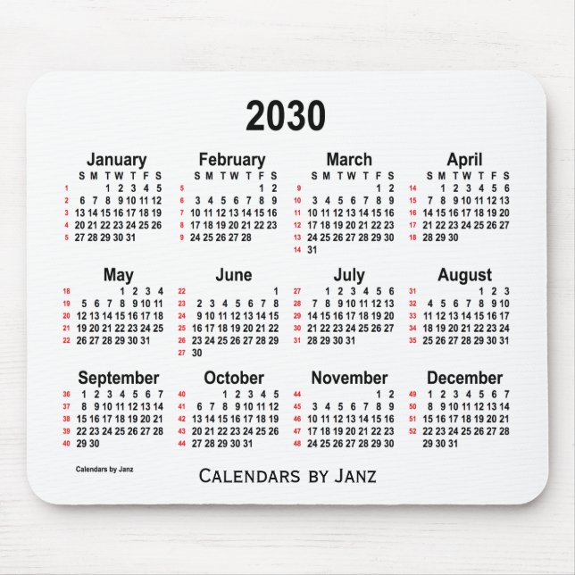 2030 White 52 Weeks Calendar von Janz Mouse Pad Mousepad (Vorne)