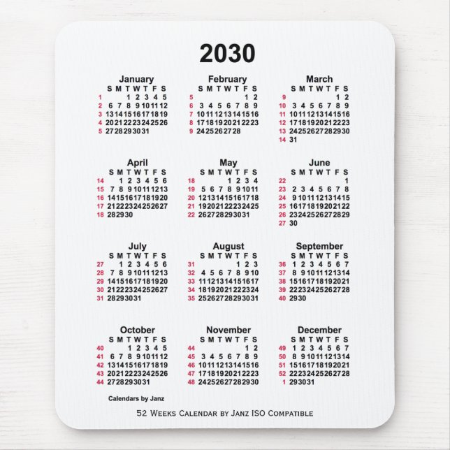 2030 White 52 Weeks ISO Calendar by Janz Mousepad (Vorne)