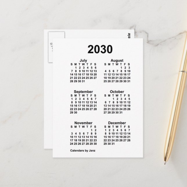 2030 White 6 Month Mini Kalender von Janz Postkarte (Vorderseite/Rückseite Beispiel)