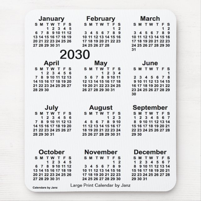 2030 White Large Print Calendar von Janz Mousepad (Vorne)