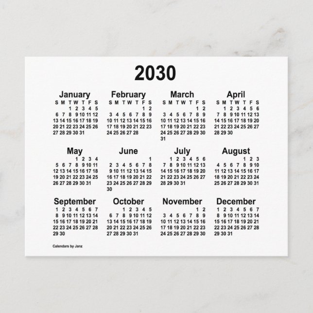 2030 White Mini Calendar von Janz Postkarte (Vorderseite)