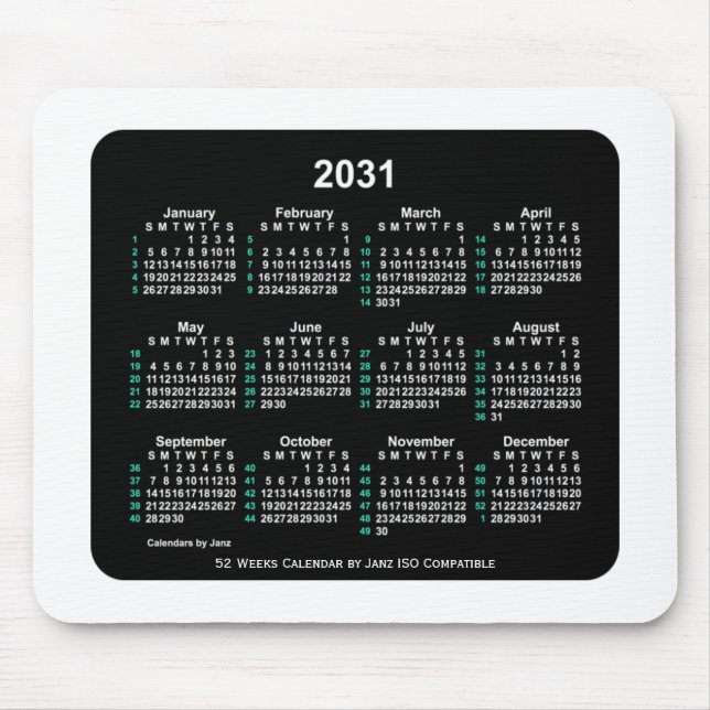 2031 Neon 52 Weeks ISO Kalender von Janz Two Tone Mousepad (Vorne)