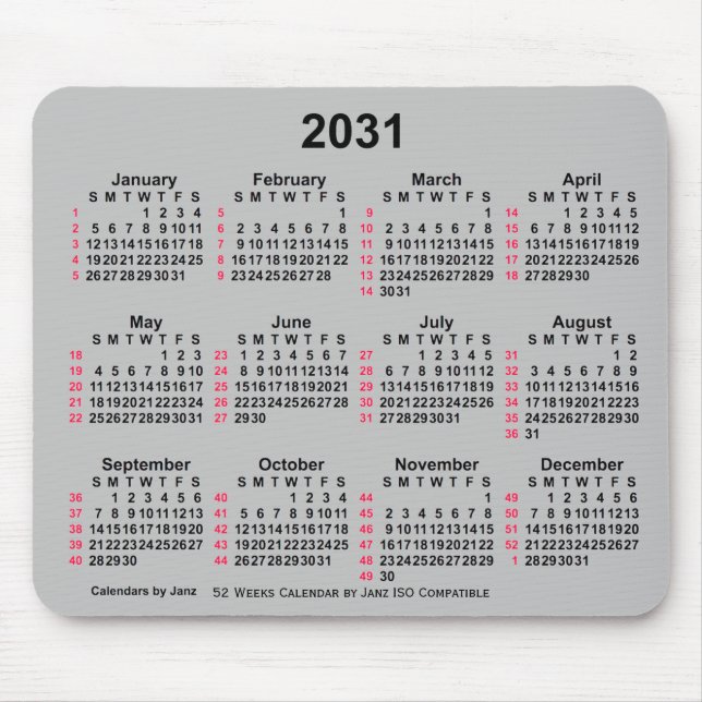 2031 Silver 52 Weeks ISO Calendar by Janz Mousepad (Vorne)