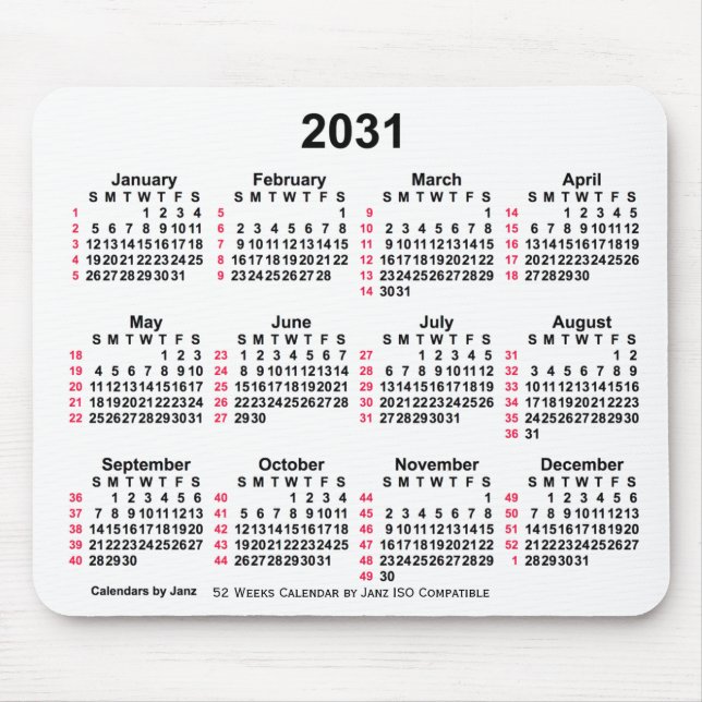 2031 White 52 Weeks ISO Calendar by Janz Mousepad (Vorne)