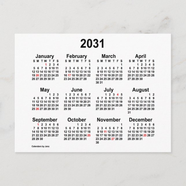 2031 White Holiday Mini Calendar von Janz Postkarte (Vorderseite)